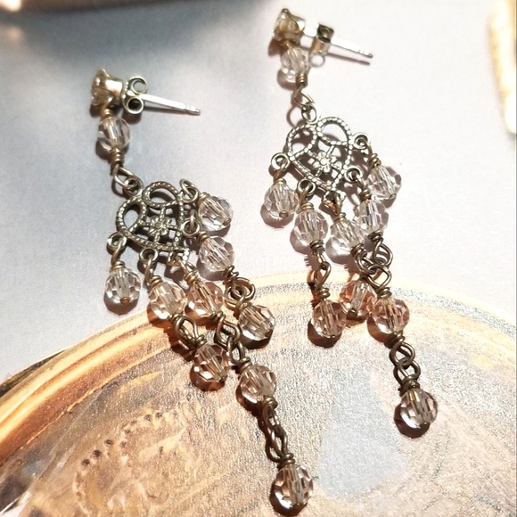 Antique signed Long Crystal Chandelier Sterling Silver Filigree Earrings - Picture 6 of 8